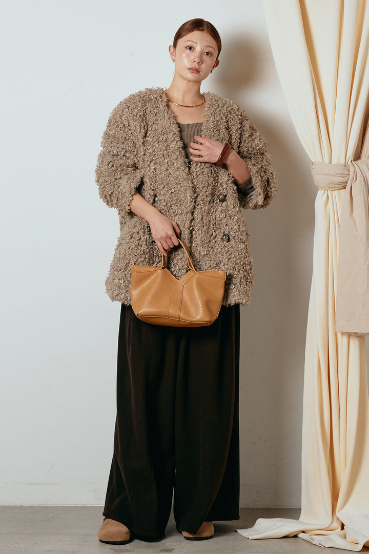 [SET]シープライクファージャケット+フェイクレザー太ベルト付きタックワイドパンツ(2set)