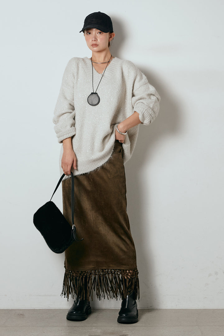 [SET]Vネックルーズラメニットトップス+スウェードライク裾フリンジスカート(2set)
