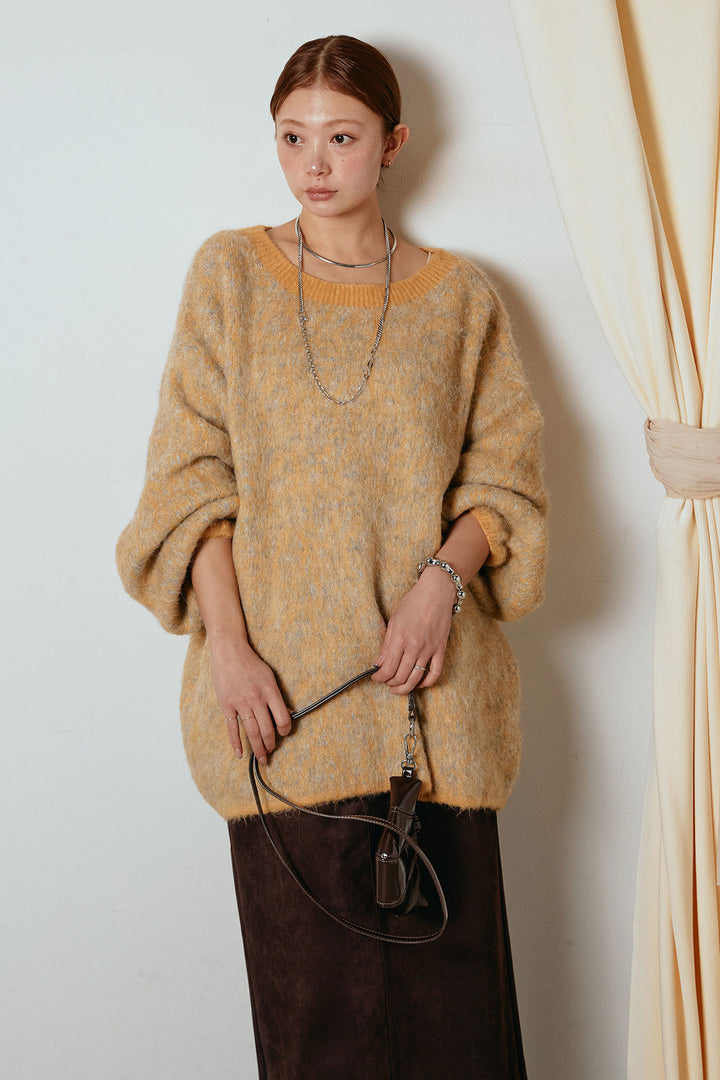 [SET]ボリュームスリーブミックスニットトップス+スウェードライク裾フリンジスカート(2set)