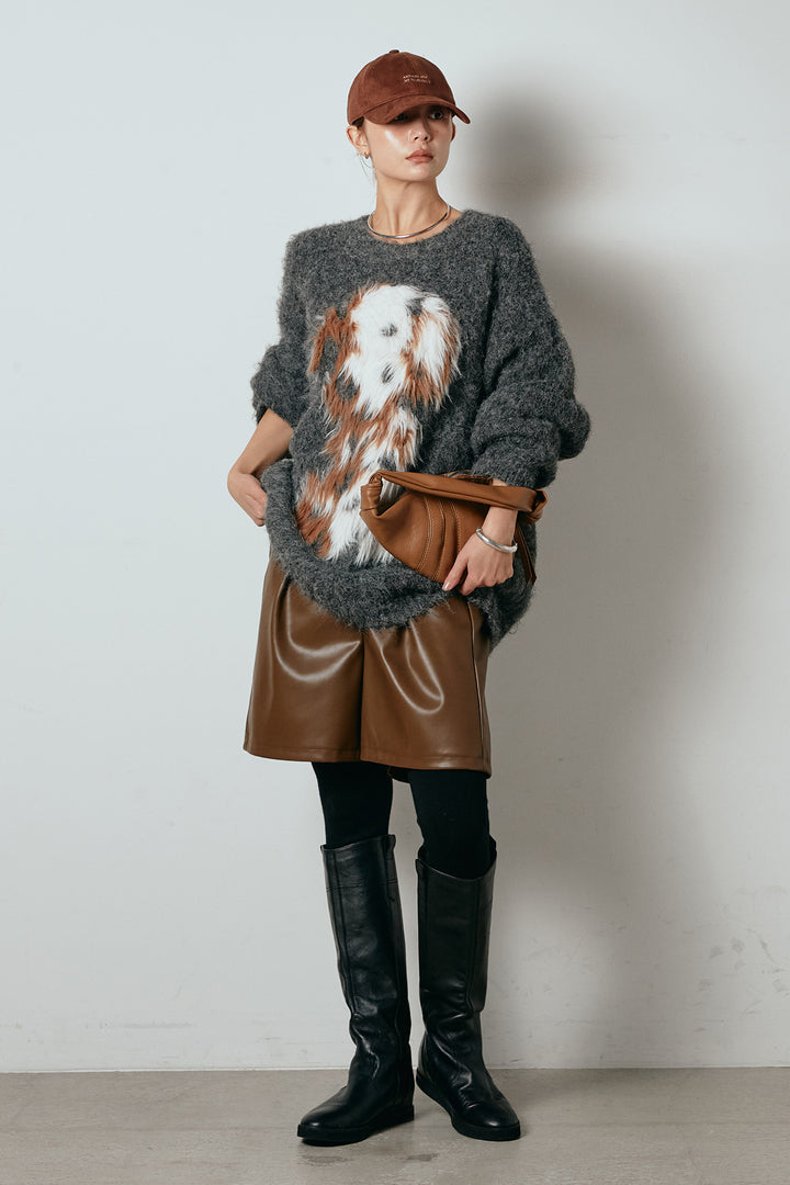 [SET]シャギーニュアンスアニマルニット+ストレッチエコレザーバミューダパンツ(2set)