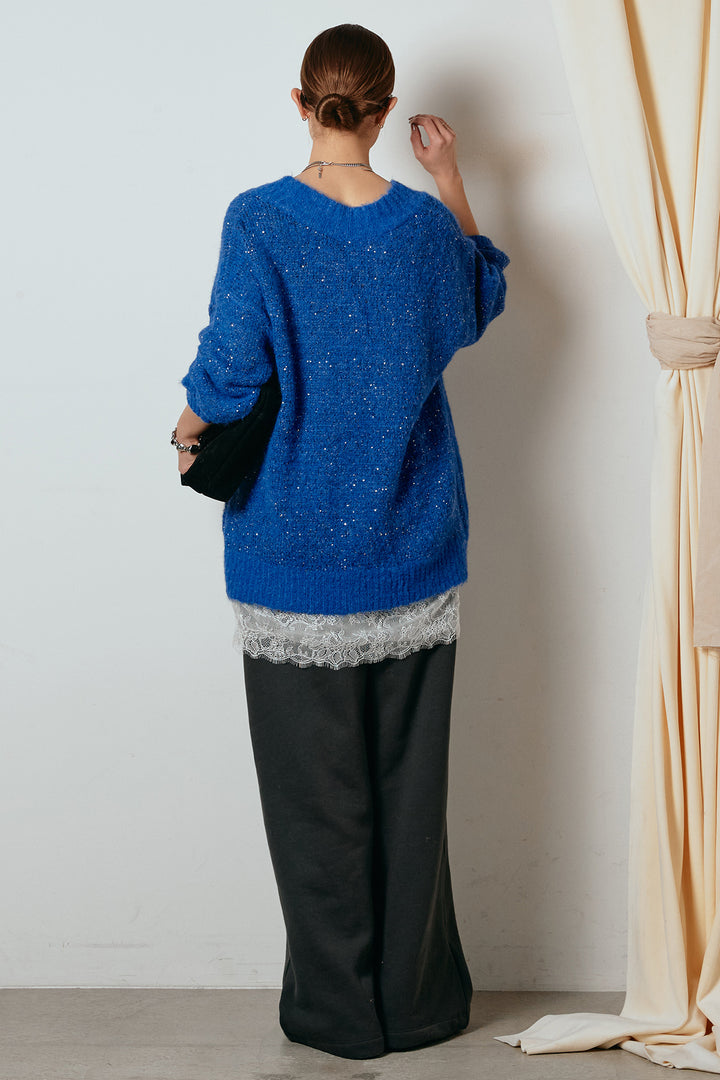 [SET]Vネックルーズラメニットトップス+レース切り替えキャミソール(2set)