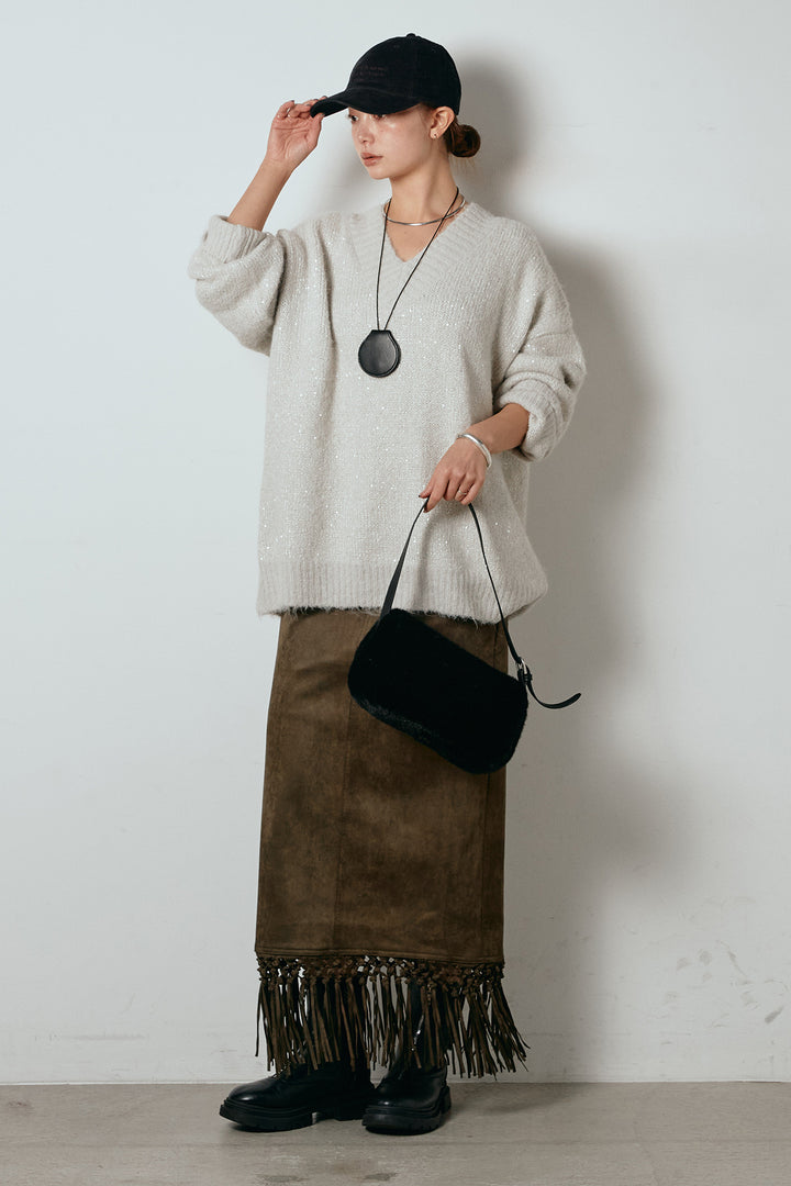 [SET]Vネックルーズラメニットトップス+スウェードライク裾フリンジスカート(2set)