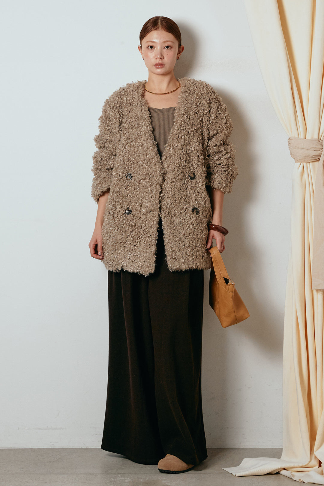 [SET]シープライクファージャケット+フェイクレザー太ベルト付きタックワイドパンツ(2set)