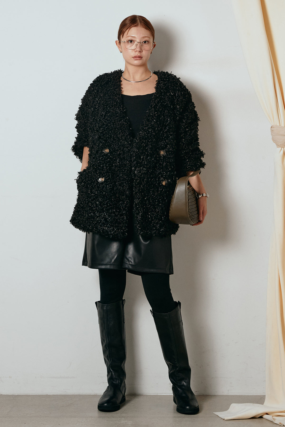 [SET]シープライクファージャケット+ストレッチエコレザーバミューダパンツ(2set)