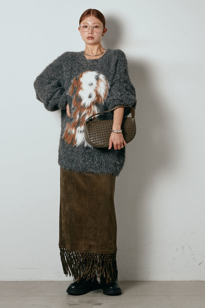 [SET]シャギーニュアンスアニマルニット+スウェードライク裾フリンジスカート(2set)