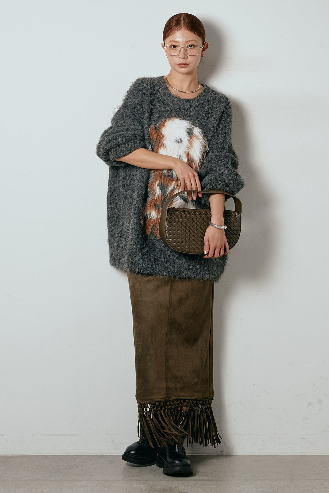 [SET]シャギーニュアンスアニマルニット+スウェードライク裾フリンジスカート(2set)