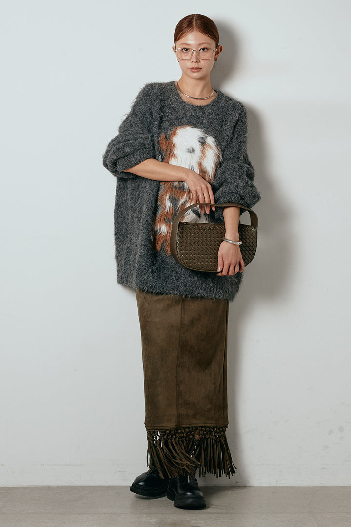 [SET]シャギーニュアンスアニマルニット+スウェードライク裾フリンジスカート(2set)