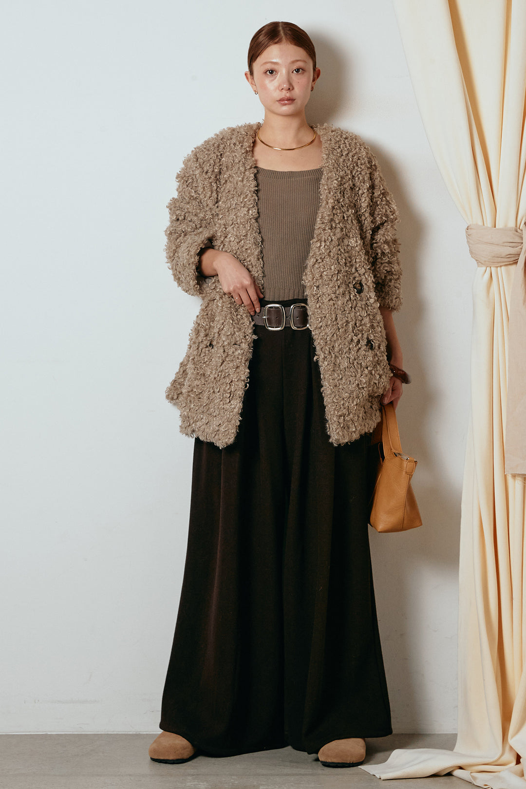 [SET]シープライクファージャケット+フェイクレザー太ベルト付きタックワイドパンツ(2set)