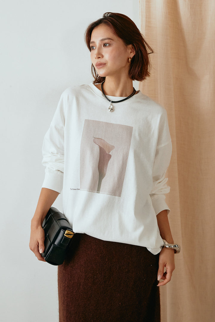 天竺フラワープリントロングTシャツ/ホワイト1