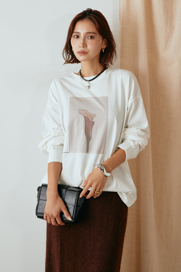 天竺フラワープリントロングTシャツ/ホワイト1