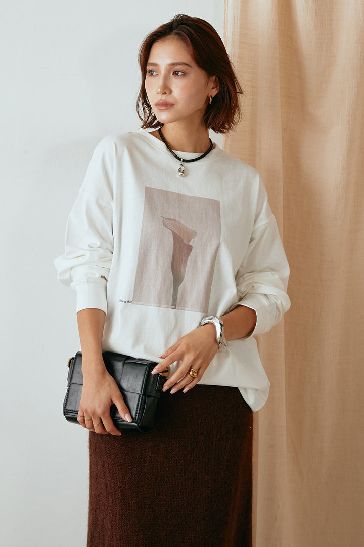 天竺フラワープリントロングTシャツ/ホワイト1