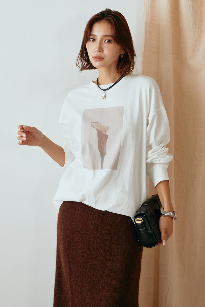 天竺フラワープリントロングTシャツ/ホワイト1