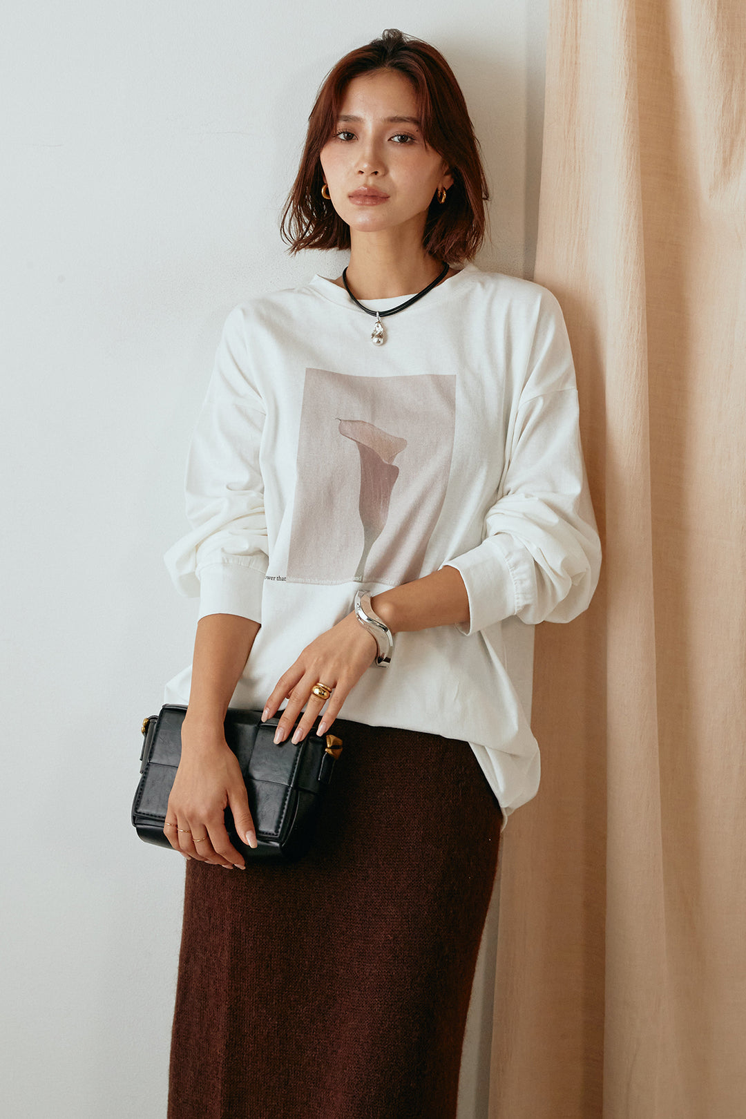 天竺フラワープリントロングTシャツ/ホワイト1