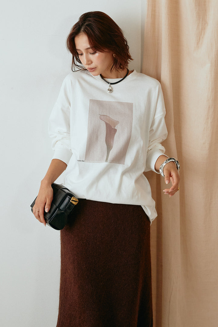 天竺フラワープリントロングTシャツ/ホワイト1