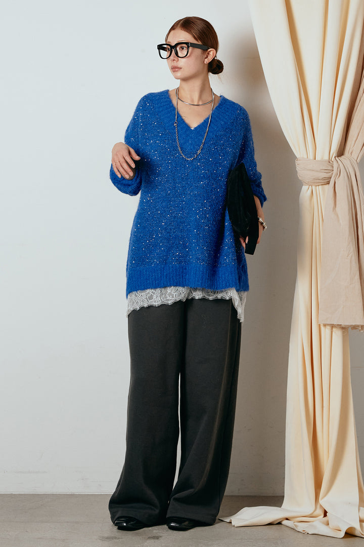 [SET]Vネックルーズラメニットトップス+裏起毛スウェットワイドパンツ+レース切り替えキャミソール(3set)