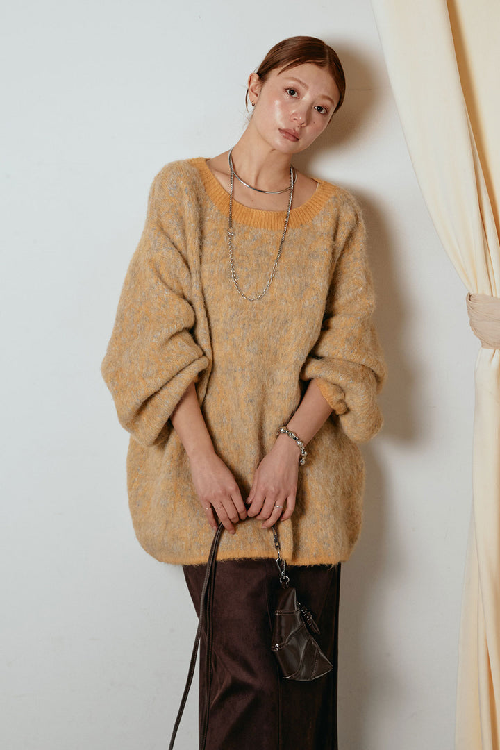 [SET]ボリュームスリーブミックスニットトップス+スウェードライク裾フリンジスカート(2set)