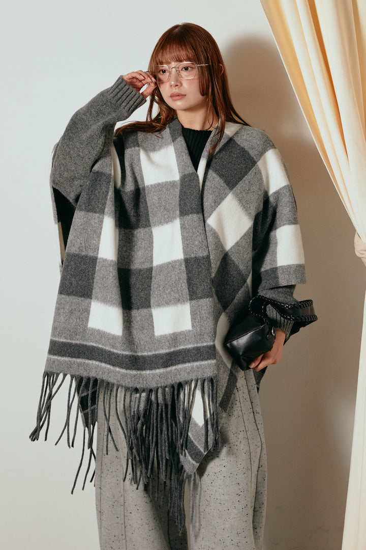 裾フリンジ柄ポンチョアウター/ブラック