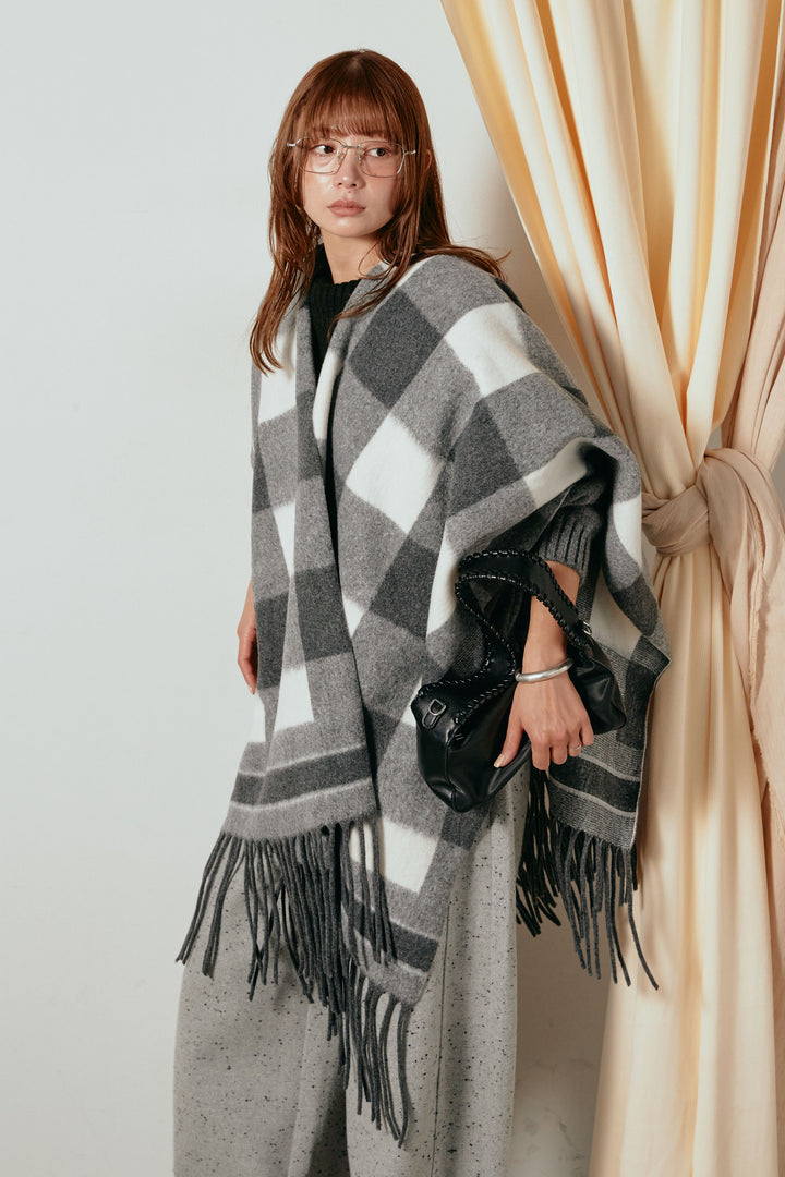 裾フリンジ柄ポンチョアウター/ブラック