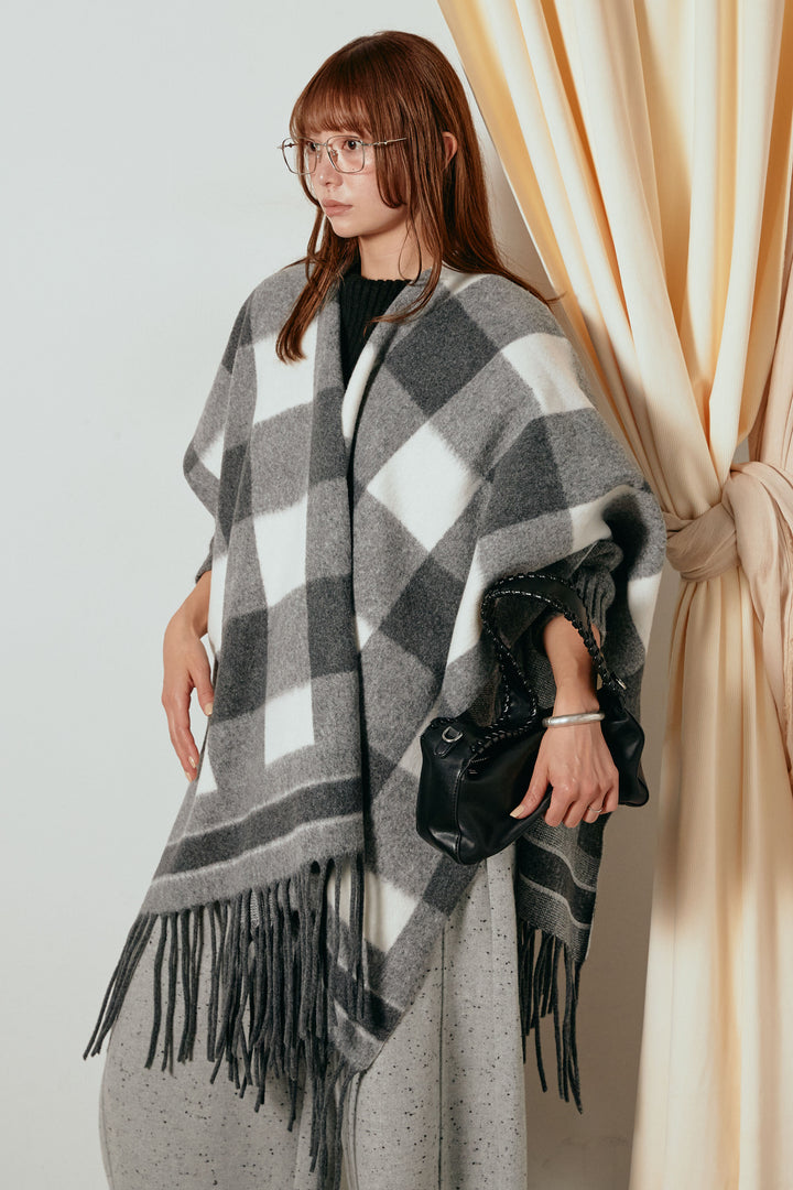 裾フリンジ柄ポンチョアウター/ブラック