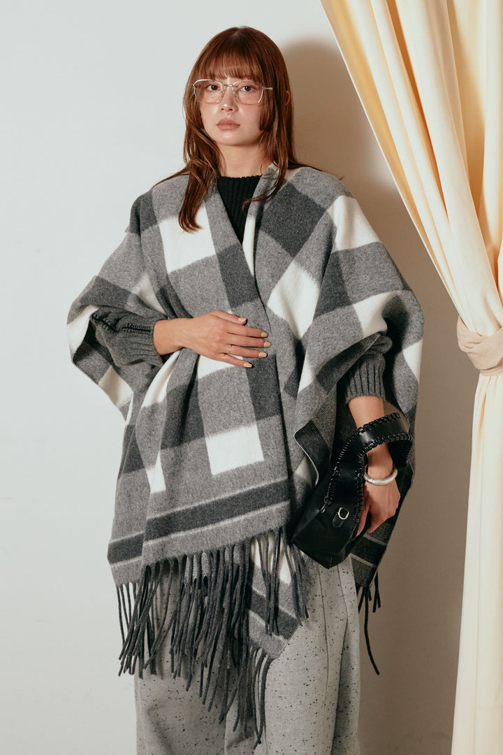 裾フリンジ柄ポンチョアウター/ブラック