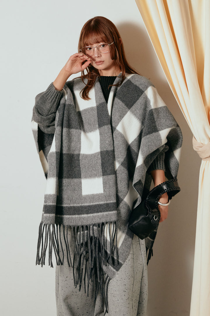 裾フリンジ柄ポンチョアウター/ブラック