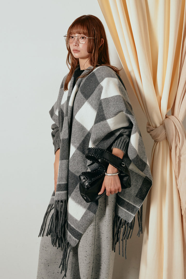 裾フリンジ柄ポンチョアウター/ブラック