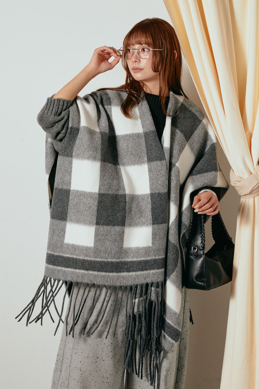 裾フリンジ柄ポンチョアウター/ブラック