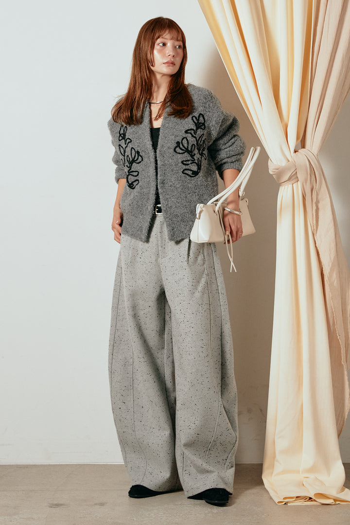 [SET]テープ刺繍ニットカーディガン+ベルト付きネップツイードカーブパンツ(2set)