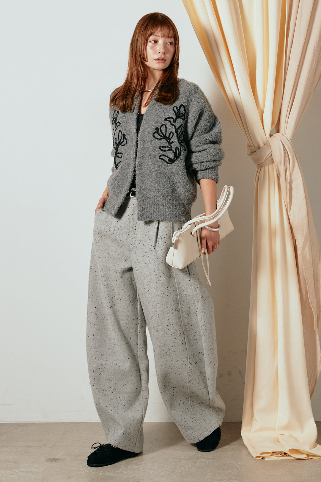 [SET]テープ刺繍ニットカーディガン+ベルト付きネップツイードカーブパンツ(2set)