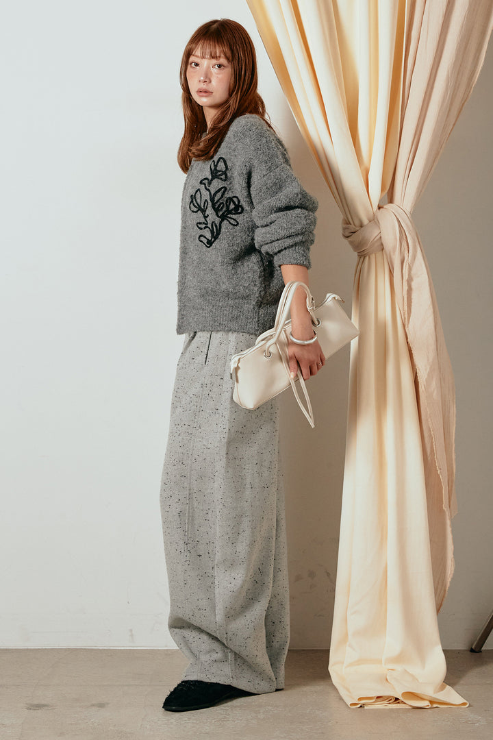 [SET]テープ刺繍ニットカーディガン+ベルト付きネップツイードカーブパンツ(2set)