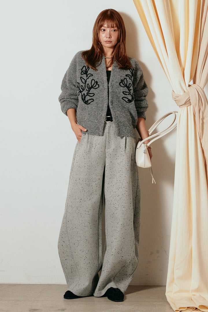 [SET]テープ刺繍ニットカーディガン+ベルト付きネップツイードカーブパンツ(2set)
