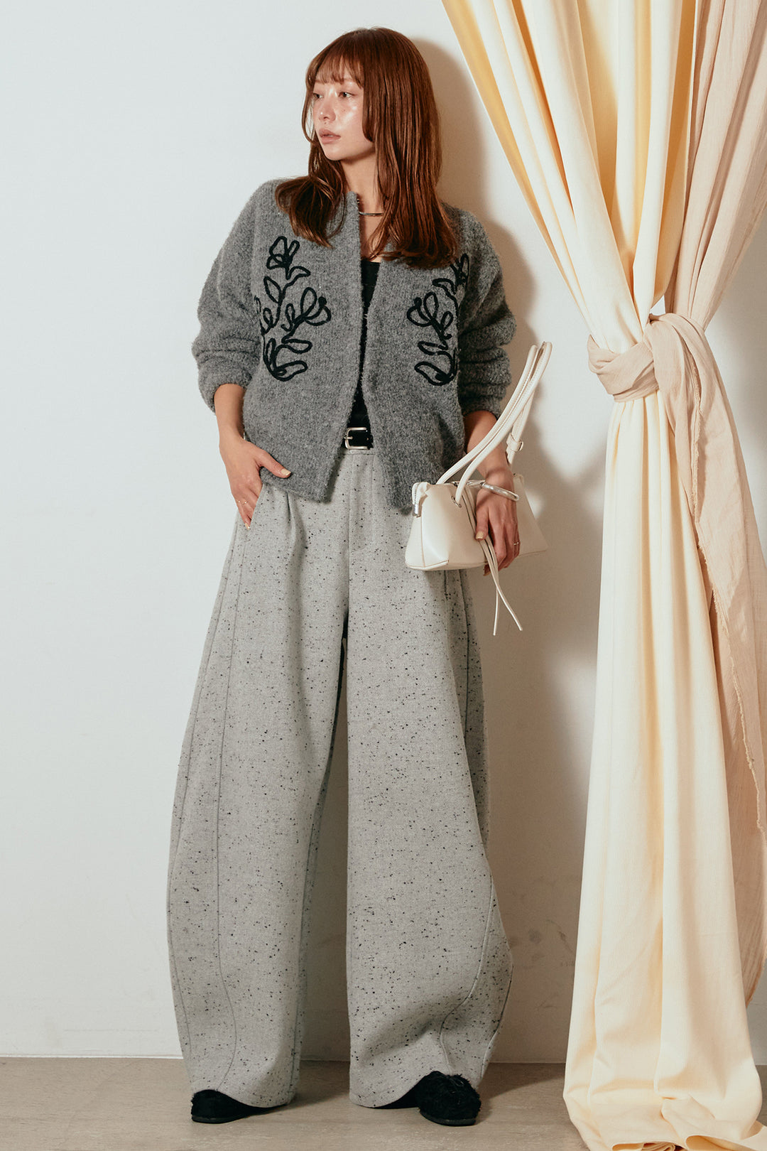 [SET]テープ刺繍ニットカーディガン+ベルト付きネップツイードカーブパンツ(2set)