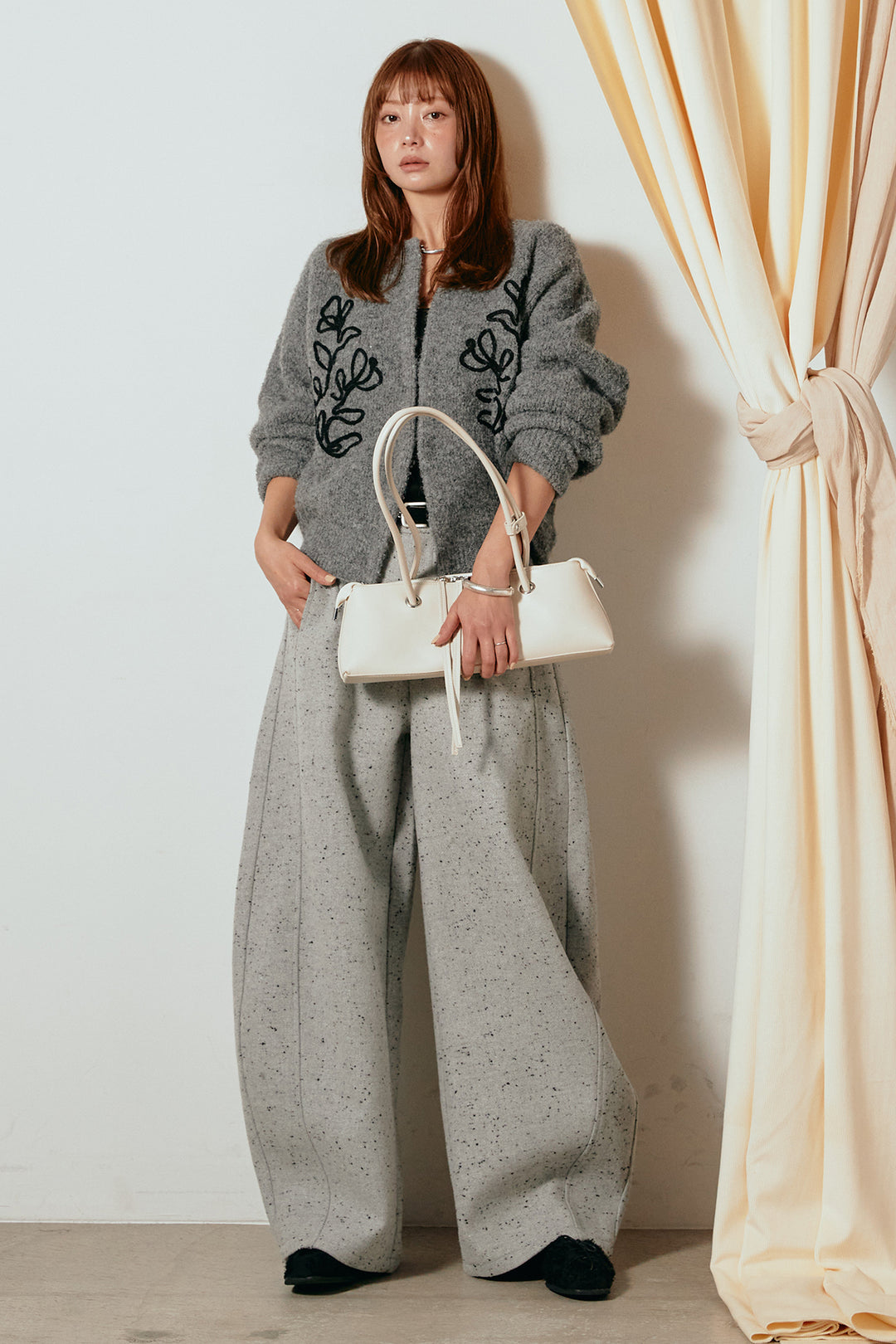 [SET]テープ刺繍ニットカーディガン+ベルト付きネップツイードカーブパンツ(2set)