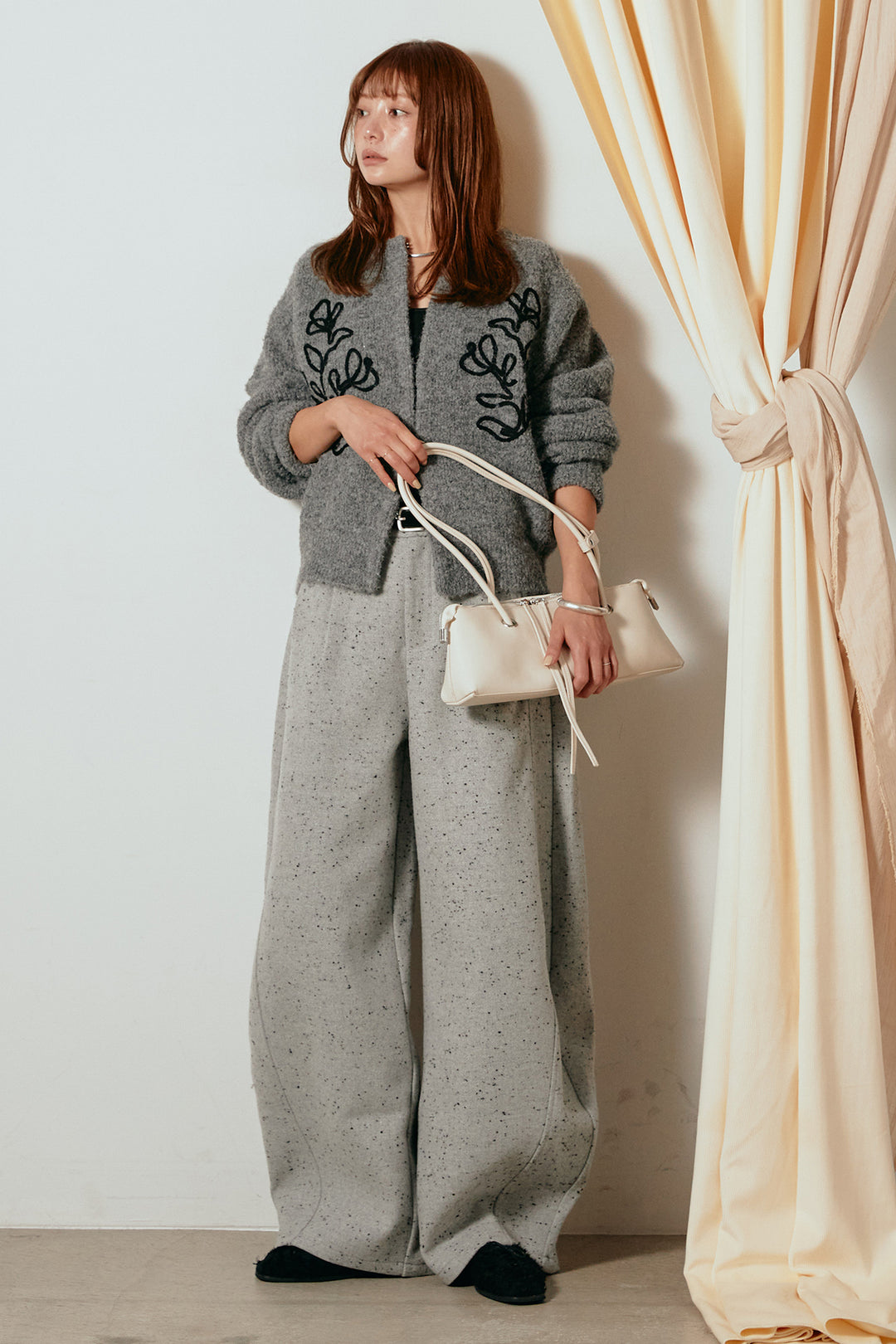 [SET]テープ刺繍ニットカーディガン+ベルト付きネップツイードカーブパンツ(2set)