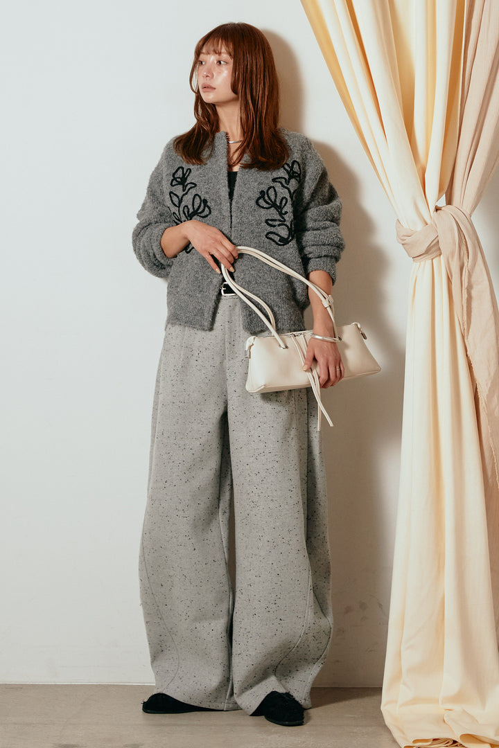 [SET]テープ刺繍ニットカーディガン+ベルト付きネップツイードカーブパンツ(2set)