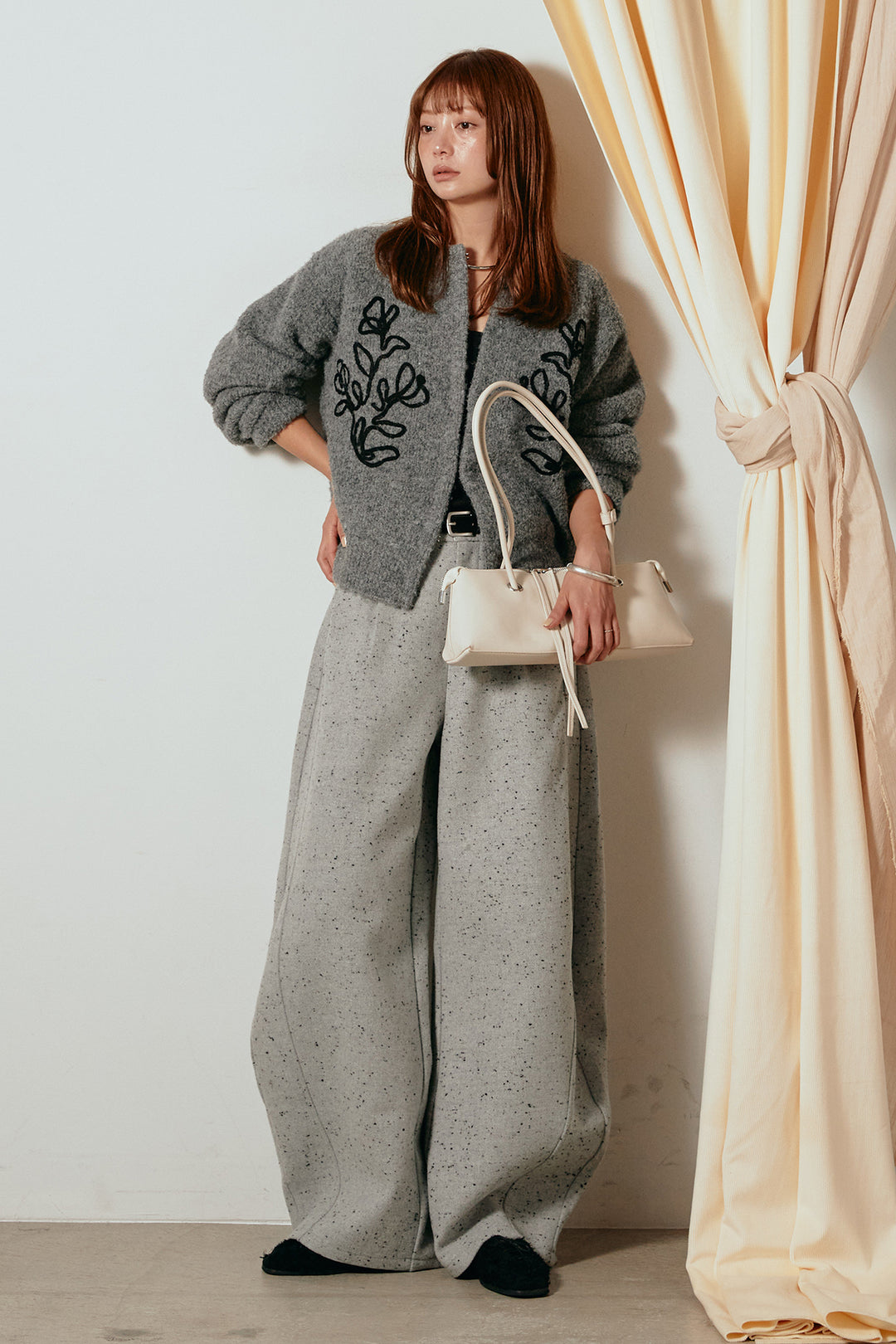 [SET]テープ刺繍ニットカーディガン+ベルト付きネップツイードカーブパンツ(2set)