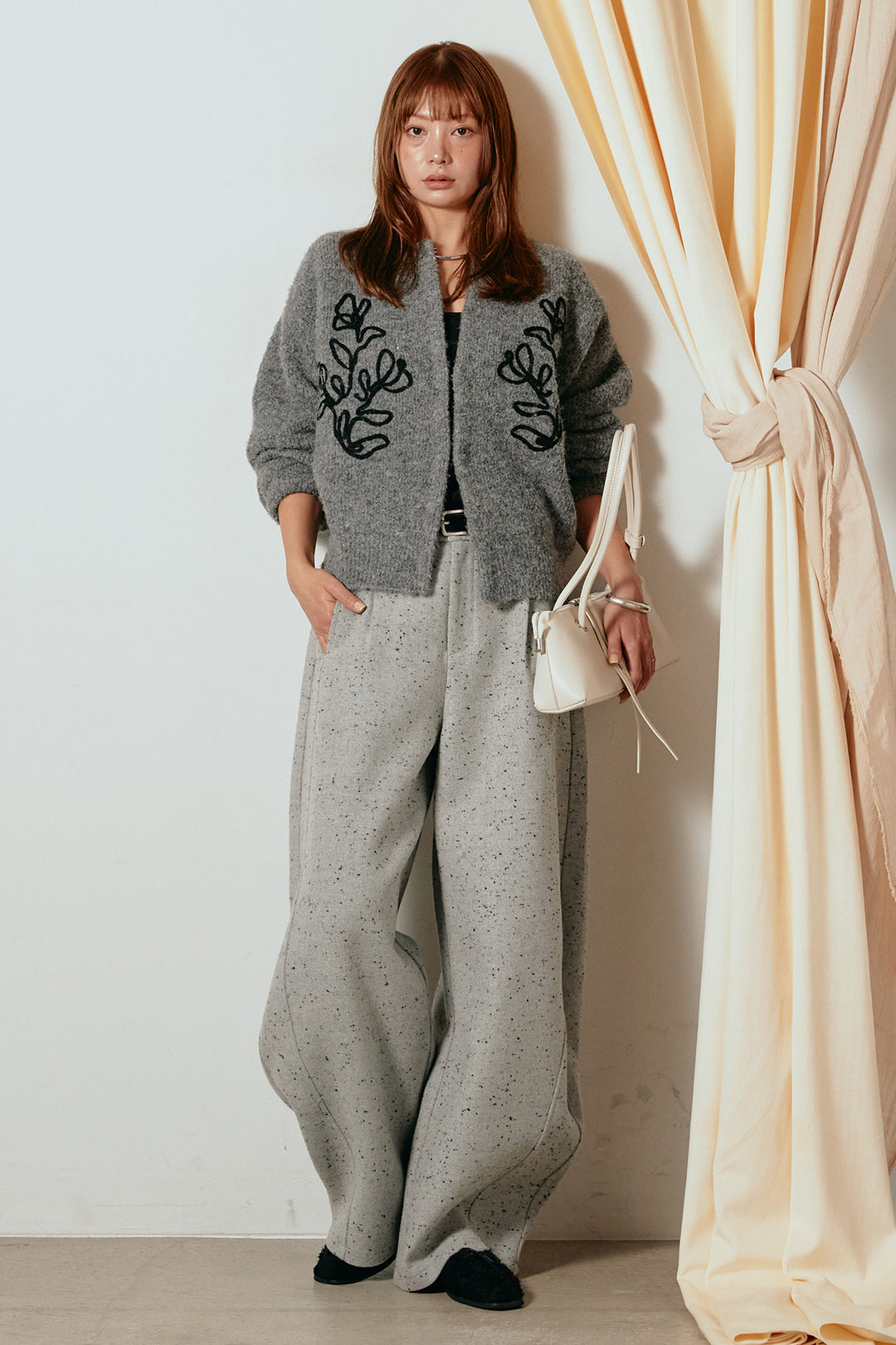 [SET]テープ刺繍ニットカーディガン+ベルト付きネップツイードカーブパンツ(2set)