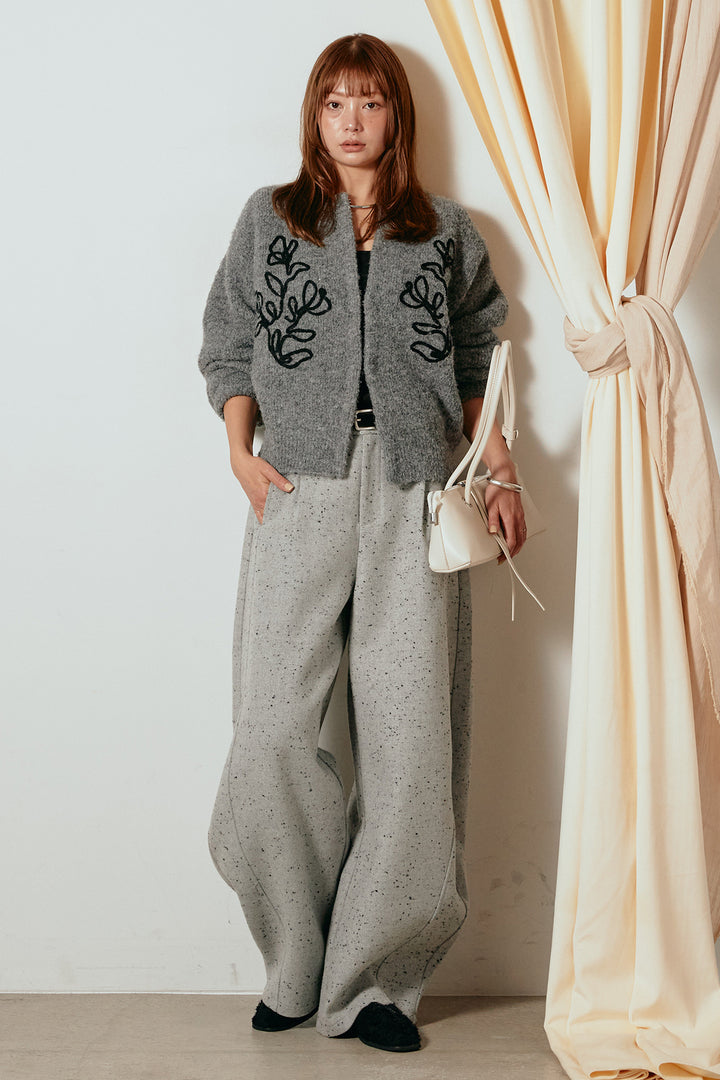 [SET]テープ刺繍ニットカーディガン+ベルト付きネップツイードカーブパンツ(2set)