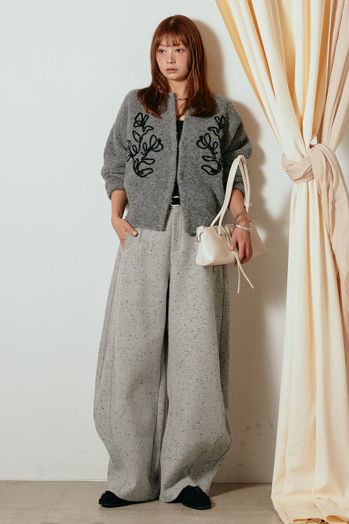 [SET]テープ刺繍ニットカーディガン+ベルト付きネップツイードカーブパンツ(2set)