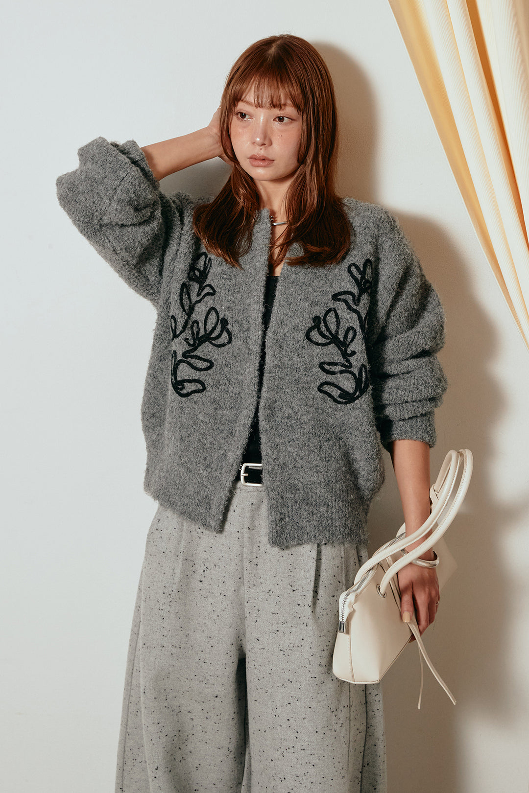 [SET]テープ刺繍ニットカーディガン+ベルト付きネップツイードカーブパンツ(2set)