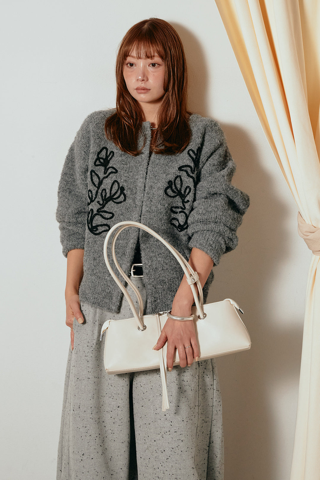 [SET]テープ刺繍ニットカーディガン+ベルト付きネップツイードカーブパンツ(2set)