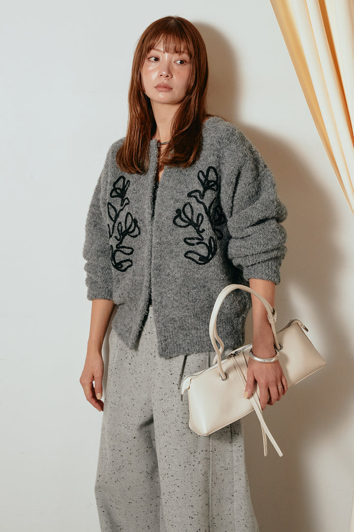 [SET]テープ刺繍ニットカーディガン+ベルト付きネップツイードカーブパンツ(2set)