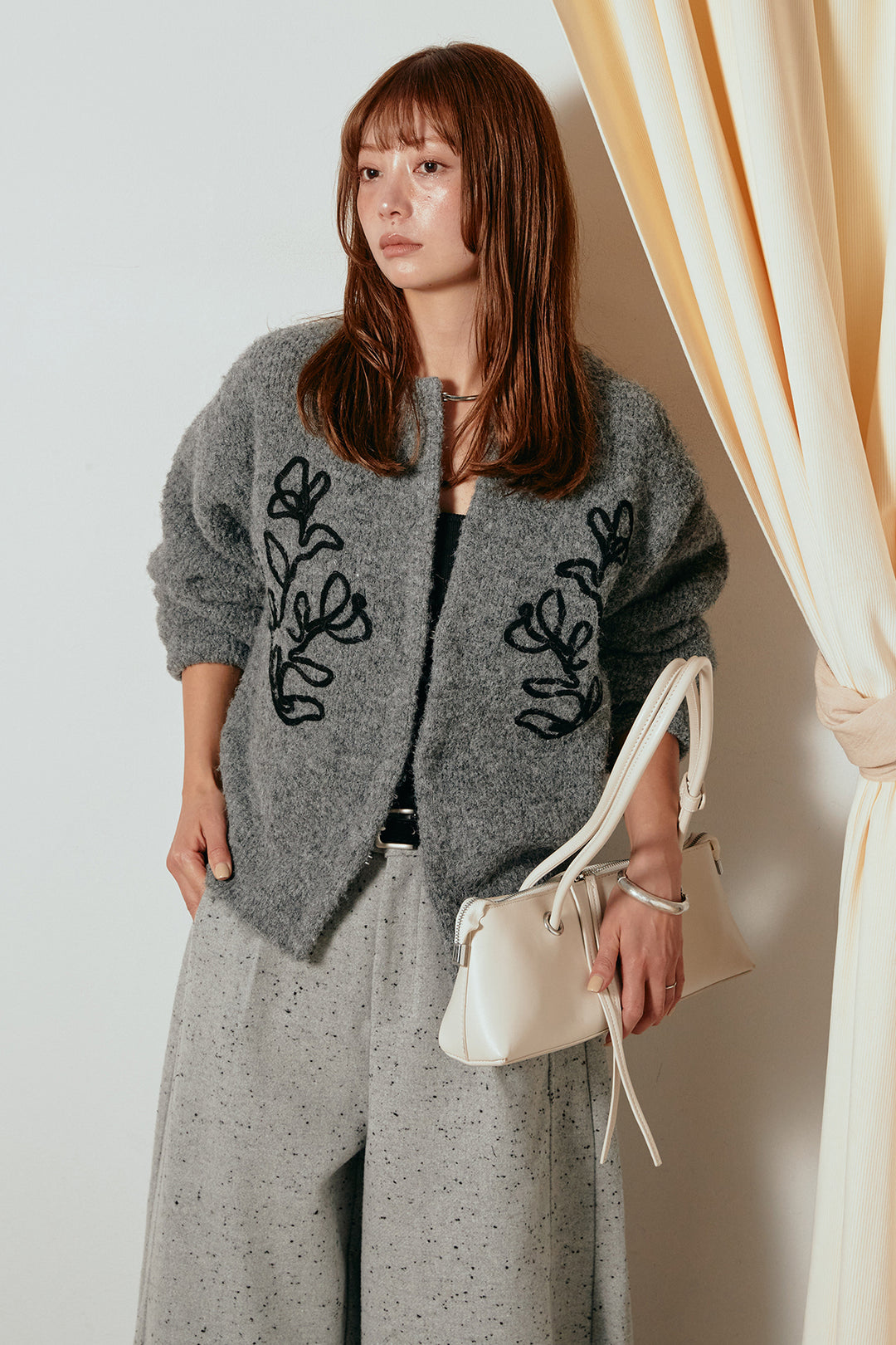 [SET]テープ刺繍ニットカーディガン+ベルト付きネップツイードカーブパンツ(2set)