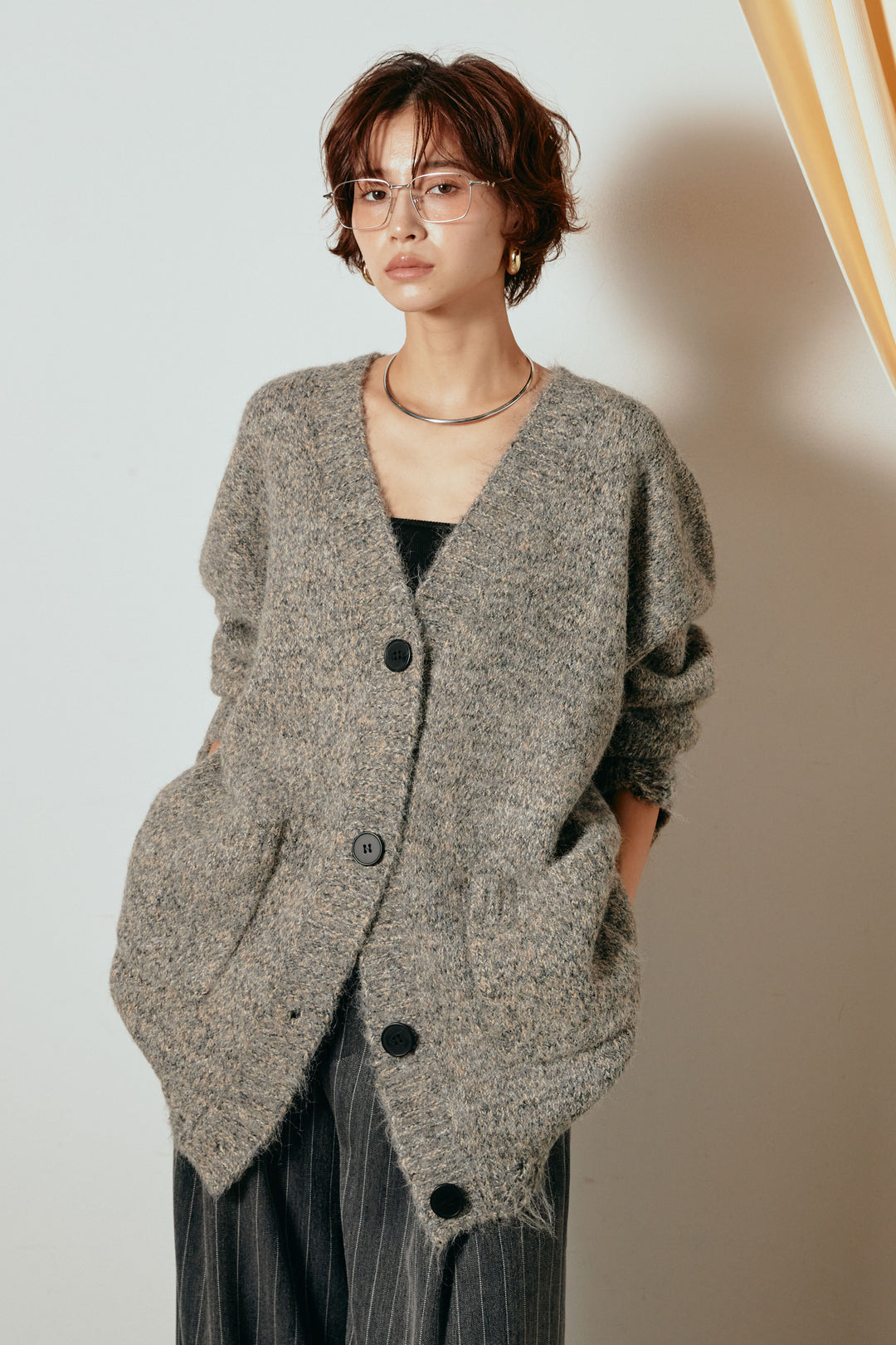 Vネックミックスニットカーディガン/グリーン