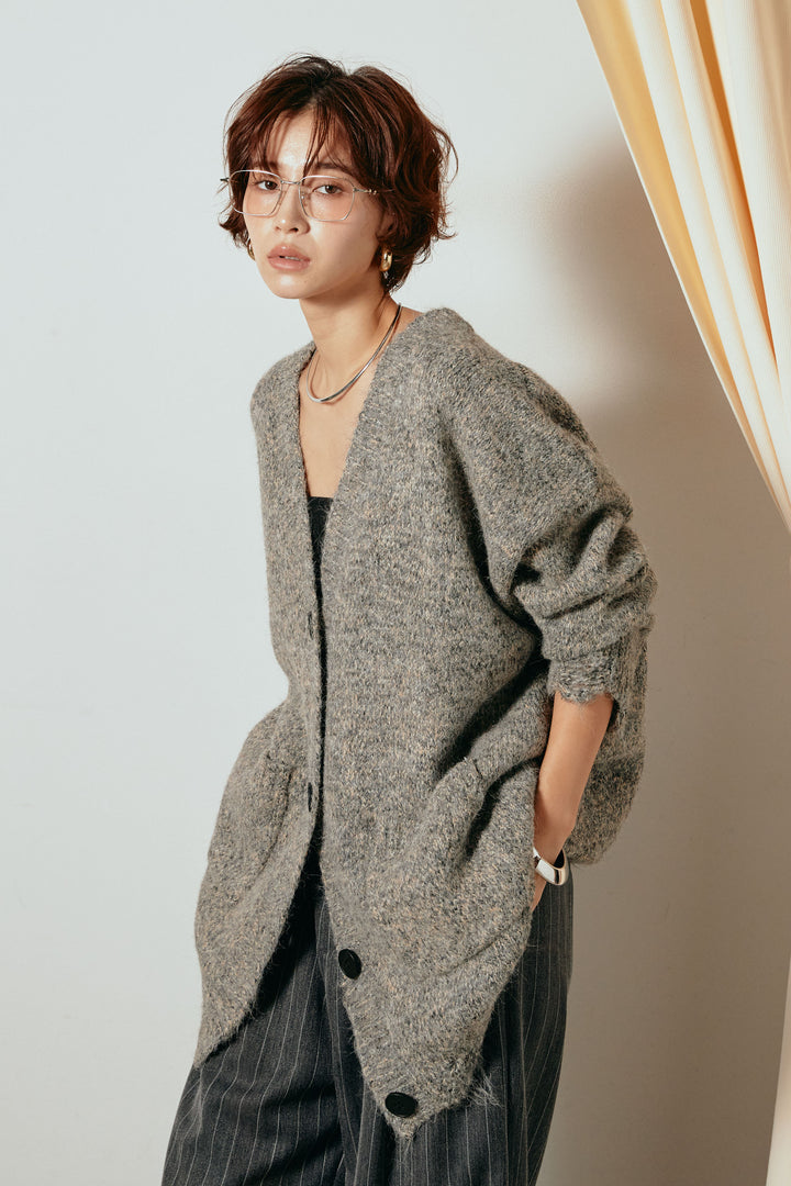 Vネックミックスニットカーディガン/グリーン