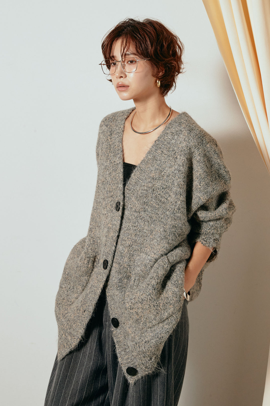 Vネックミックスニットカーディガン/グリーン