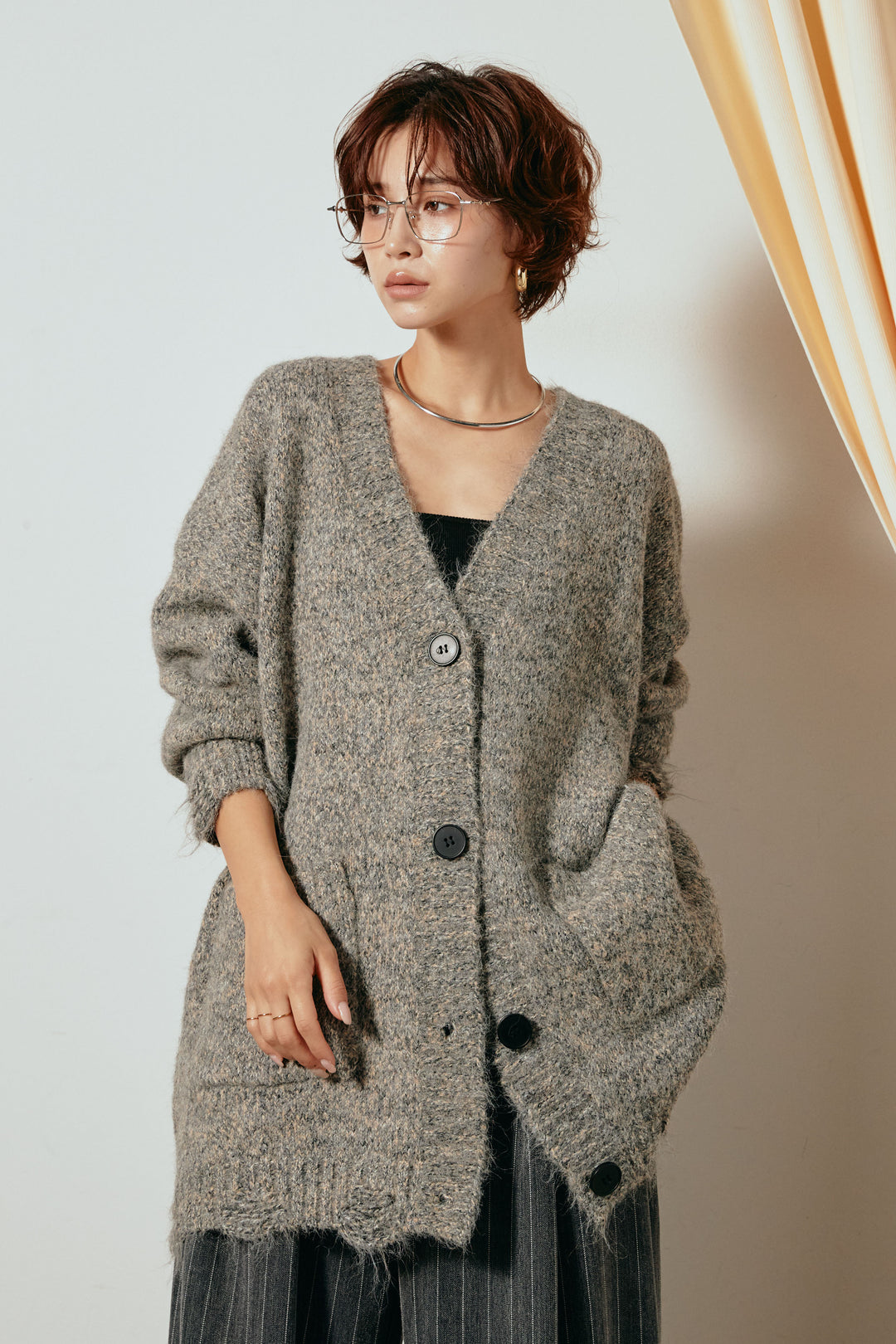 Vネックミックスニットカーディガン/グリーン