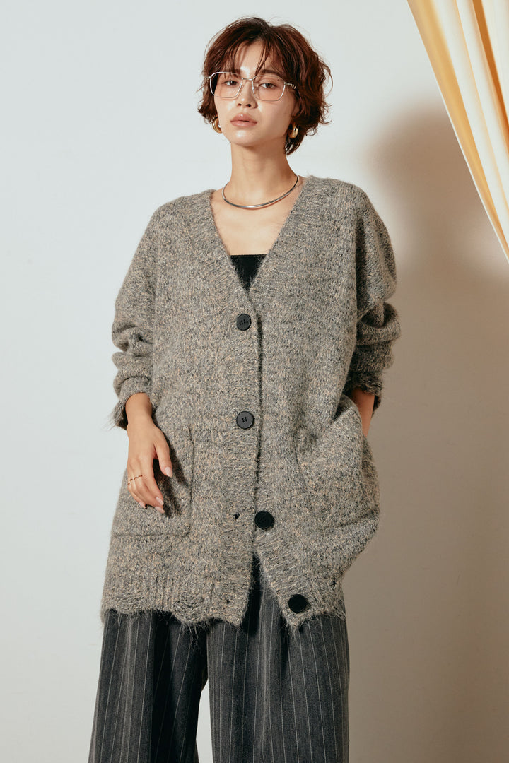 Vネックミックスニットカーディガン/グリーン