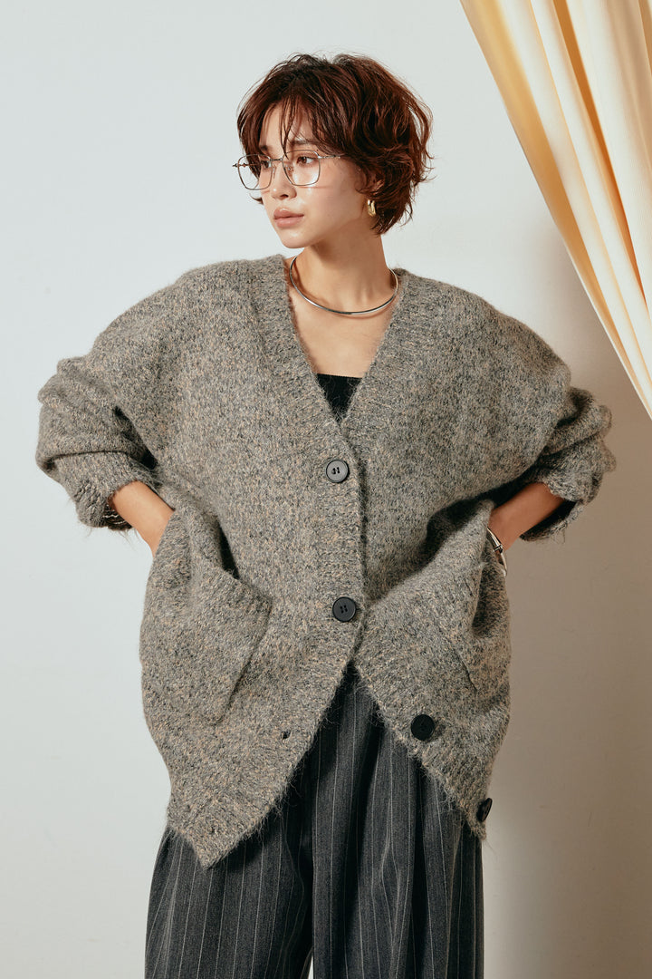 Vネックミックスニットカーディガン/グリーン