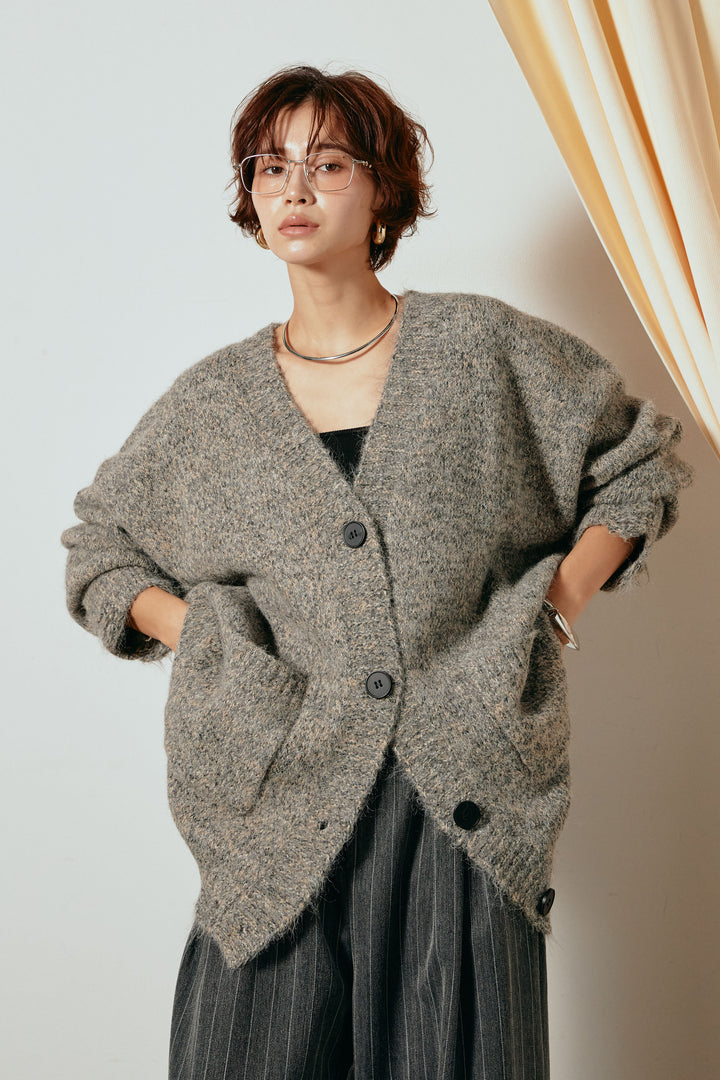 Vネックミックスニットカーディガン/グリーン